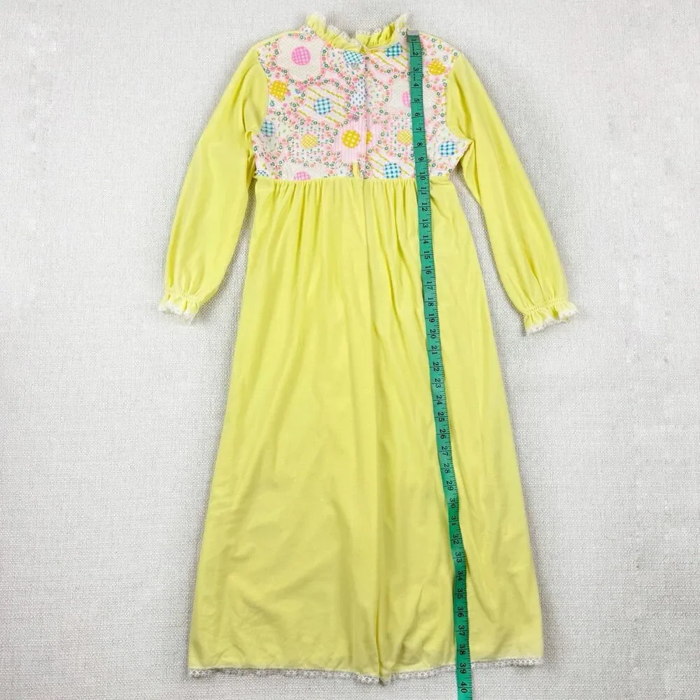 VTG Her Majesty Pajama Nightgown Girls 8 Flannel Lace Trim Yellow Quilted USA